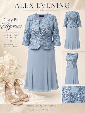 Alex Evenings Dusty Blue Sequinned Jacket Tea Length Midi Dress 22W NWT